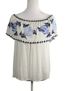 Blue Rain Off-Shoulder Top, Size M, White with Blue Floral Embroidery Boho Chic